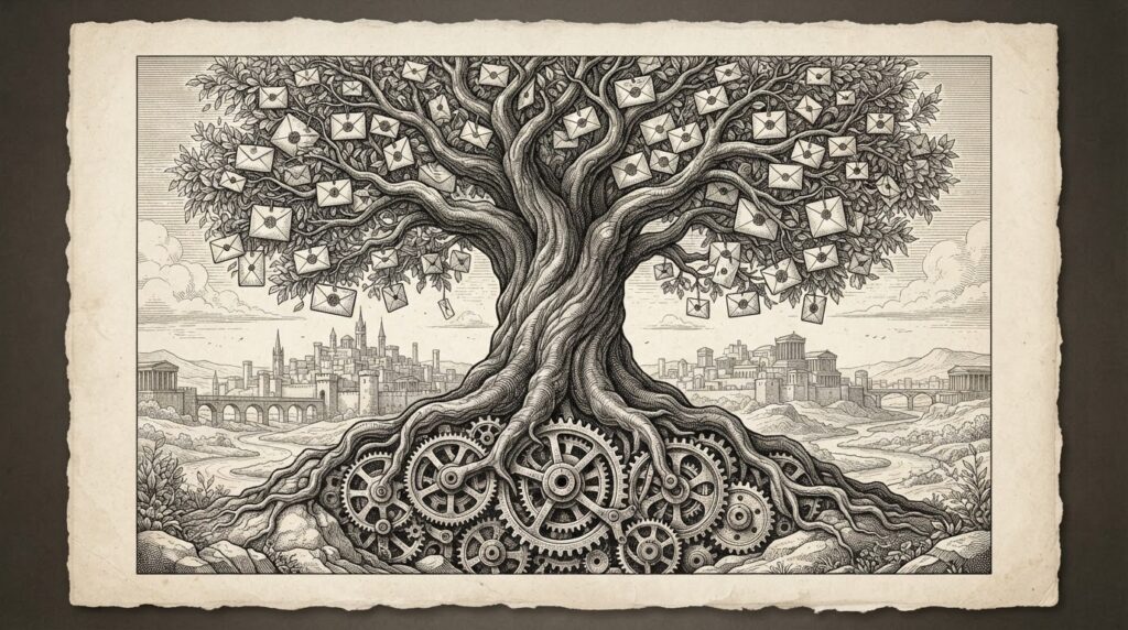 A massive tree with roots transforming into interlocking gears, branches bearing sealed envelopes and wax-sealed letters — autonomous systems bearing financial fruit. Monochrome pen-and-ink engraving.
