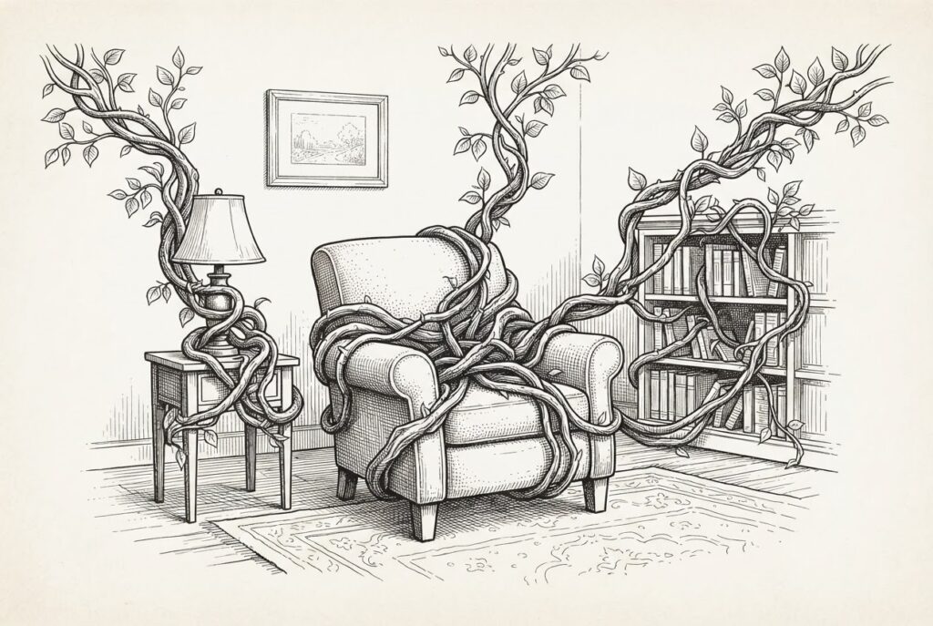 Three subscription vines growing from different directions, wrapping around a domestic armchair, with the vines getting thicker as they converge - representing the compounding costs of three platforms' subscriptions converging on the home AI agent market.