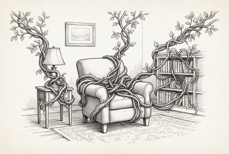 Three subscription vines growing from different directions, wrapping around a domestic armchair, with the vines getting thicker as they converge - representing the compounding costs of three platforms' subscriptions converging on the home AI agent market.