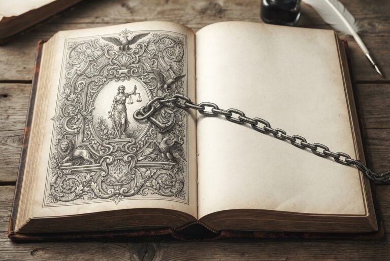 Engraving of an open antique statute book with ornate decorative patterns on its left page and a conspicuously blank right page, a heavy anchor chain stretching from the inscribed page across the spine into the blank page, trailing off into empty space — representing Taiwan's Foreign Trade Act amendment creating the first specific criminal offense for AI chip smuggling, with the blank page as the implementation gap where no timeline has been set.