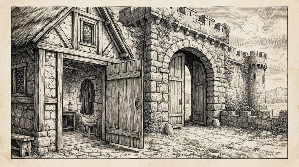 A solitary medieval gatekeeper's lodge beside a massive stone gateway, door hanging wide open, uniform hanging on a peg inside, gate slightly ajar - the system meant to guard the perimeter is itself unguarded. Monochrome pen-and-ink engraving.