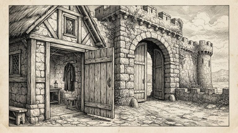 A solitary medieval gatekeeper's lodge beside a massive stone gateway, door hanging wide open, uniform hanging on a peg inside, gate slightly ajar - the system meant to guard the perimeter is itself unguarded. Monochrome pen-and-ink engraving.