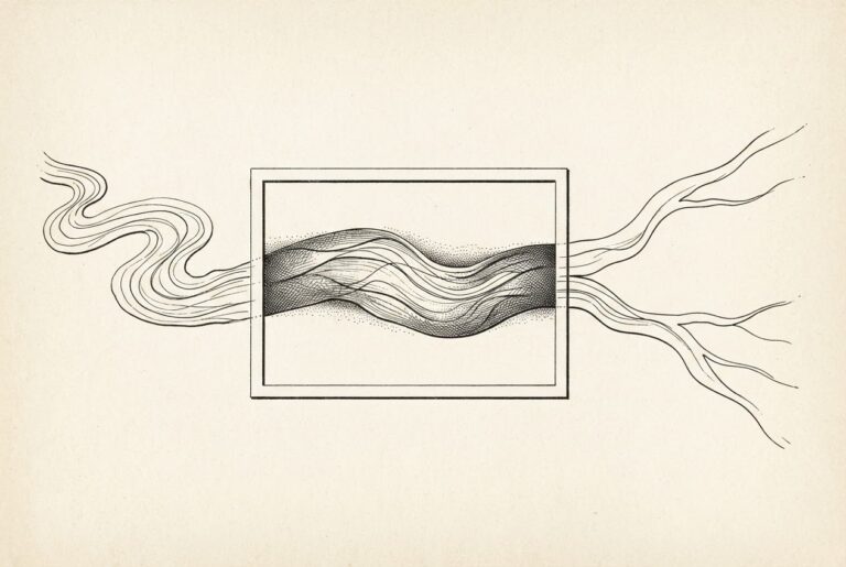An abstract engraved current passes through a narrow rectangular measurement frame; the framed segment is sharply bounded while the same flow continues beyond both edges.