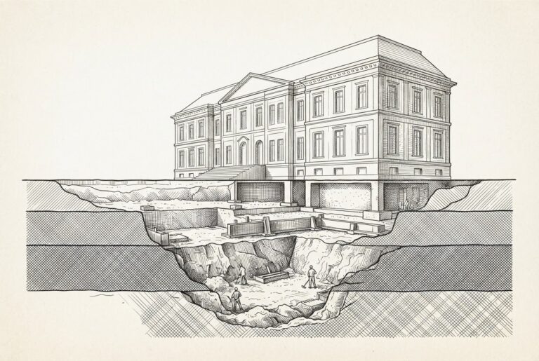 A cross-section of a grand building where the upper stories are fully sketched but the foundation layers below are incomplete and partially excavated - a metaphor for the gap between enterprise AI adoption intent and the missing infrastructure required to reach production scale.