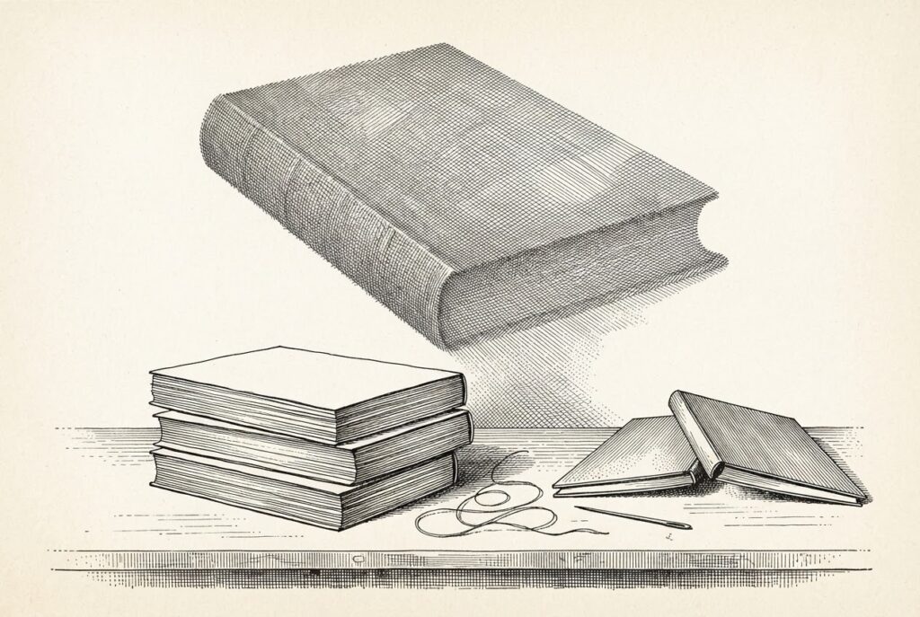 A bookbinder's bench with loose unsewn book sections stacked and unbound, an unused coil of thread and needle beside them, and on the wall above the impossible shadow of a complete bound book that does not exist: allegory for an industry whose connective specifications remain unwritten.