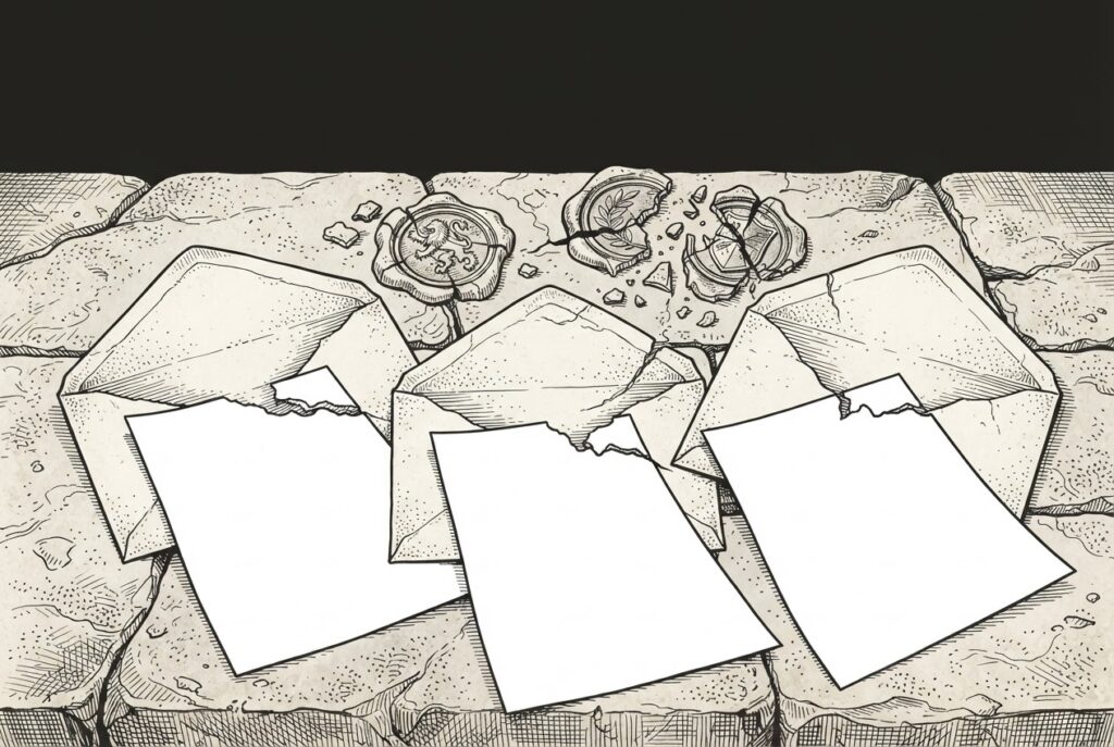 Three sealed envelopes with cracking wax seals on a stone table, each revealing blank pages inside — allegory for specifications promised but not yet delivered.
