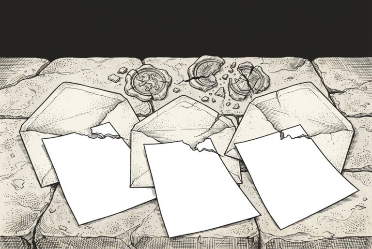 Three sealed envelopes with cracking wax seals on a stone table, each revealing blank pages inside — allegory for specifications promised but not yet delivered.