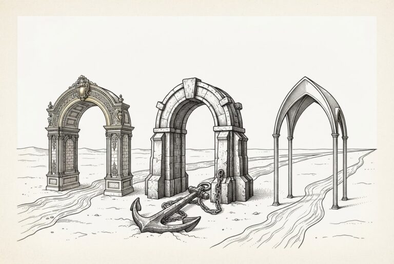 Monochrome engraving of three massive vaulted archways in a desert with liquid channels flowing through each, with a massive iron anchor chained to the base of the central archway.