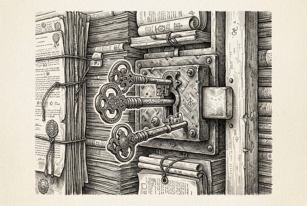 Three ornate but differently cut keys turn together in a single lock set into a doorframe of stacked contract pages, representing three governance regimes reaching the same deployer layer.