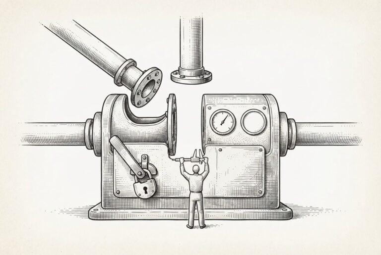 Pen-and-ink engraving of an unfinished iron machine fed by pipe runs, one flange hanging unconnected over an open gap between its two halves, its ignition lever padlocked with no key in the scene, one panel dial left blank, and a small figure with a wrench working the gap.
