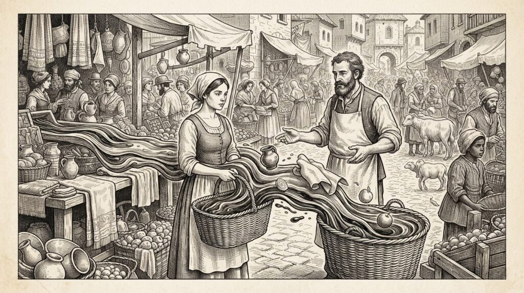 A pen-and-ink engraving of a marketplace where a merchant stall merges with a customer basket - discovery and transaction collapsing into one flow