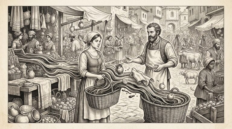 A pen-and-ink engraving of a marketplace where a merchant stall merges with a customer basket - discovery and transaction collapsing into one flow