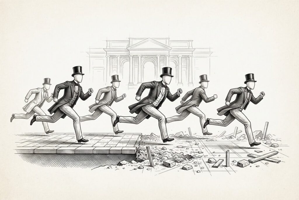 Pen-and-ink engraving of faceless formal figures sprinting from finished tiled pavement onto crumbling unfinished ground with scattered construction materials and half-drawn blueprint lines - the market running ahead of the regulatory framework