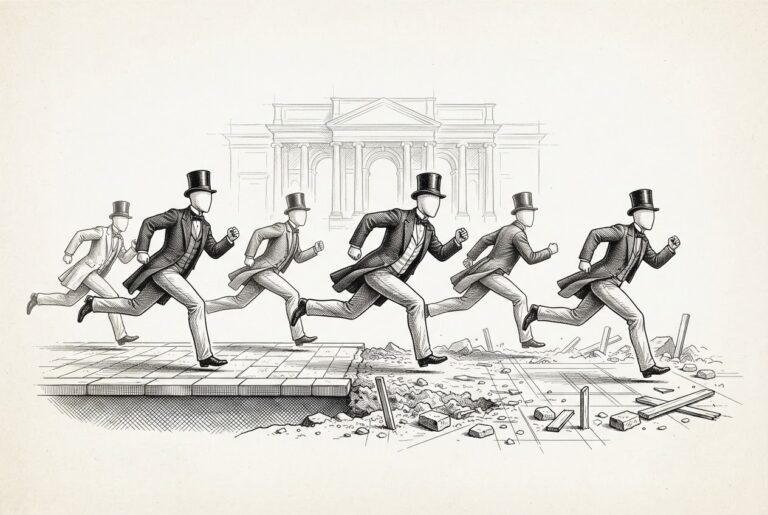 Pen-and-ink engraving of faceless formal figures sprinting from finished tiled pavement onto crumbling unfinished ground with scattered construction materials and half-drawn blueprint lines - the market running ahead of the regulatory framework