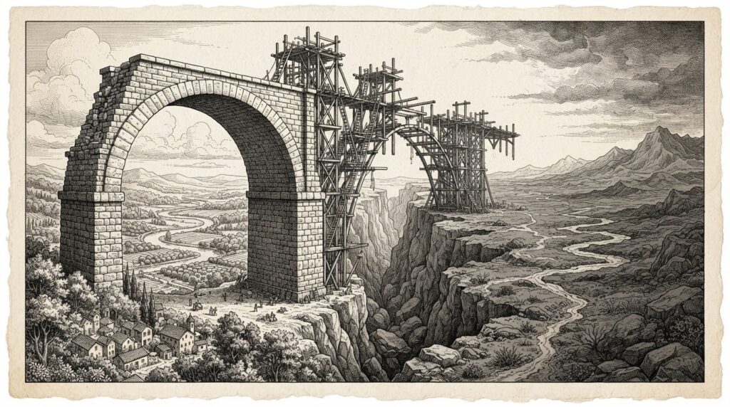 A massive stone bridge spanning a deep canyon with only the first arch completed — the scaffolding and incomplete structure extending beyond. On one side, a rich fertile landscape; on the other, a barren plain. The first implementing regulation of the GENIUS Act.