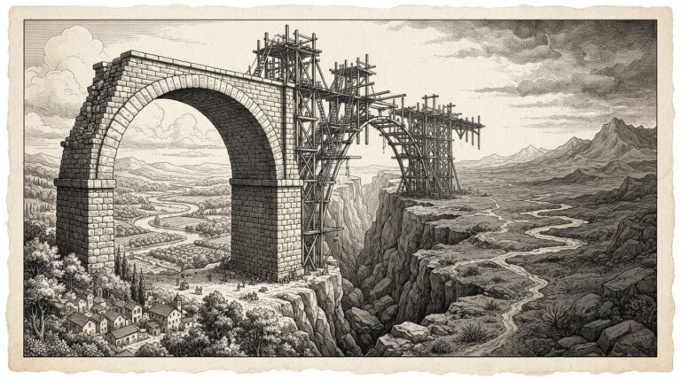 A massive stone bridge spanning a deep canyon with only the first arch completed — the scaffolding and incomplete structure extending beyond. On one side, a rich fertile landscape; on the other, a barren plain. The first implementing regulation of the GENIUS Act.
