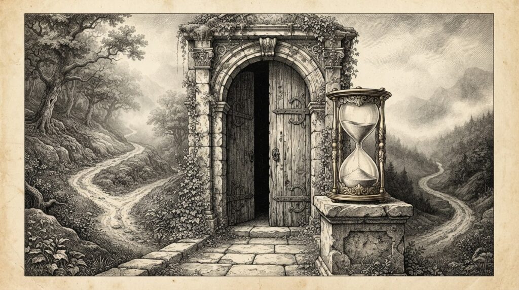 Monochrome pen-and-ink engraving of a classical stone archway with an hourglass beside it, partially open, with two paths diverging beyond into foggy distance — the closing public comment window and the branching regulatory future for stablecoins