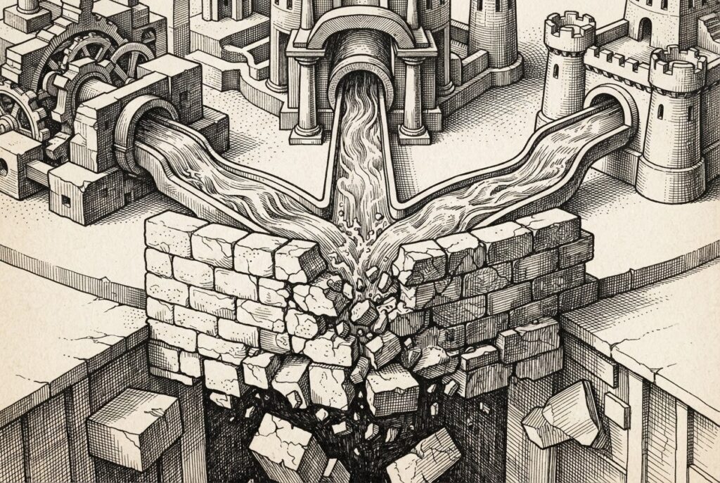 Three converging streams or channels flowing from three separate origins toward a single central point where they meet at a cracked and collapsing wall. The wall represents legacy compliance infrastructure. The streams represent three federal enforcement agencies converging. Below the convergence point, the foundation crumbles.