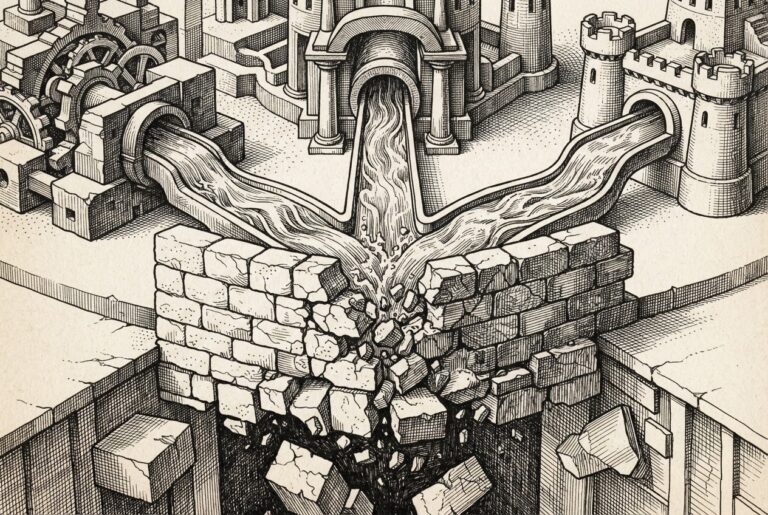 Three converging streams or channels flowing from three separate origins toward a single central point where they meet at a cracked and collapsing wall. The wall represents legacy compliance infrastructure. The streams represent three federal enforcement agencies converging. Below the convergence point, the foundation crumbles.