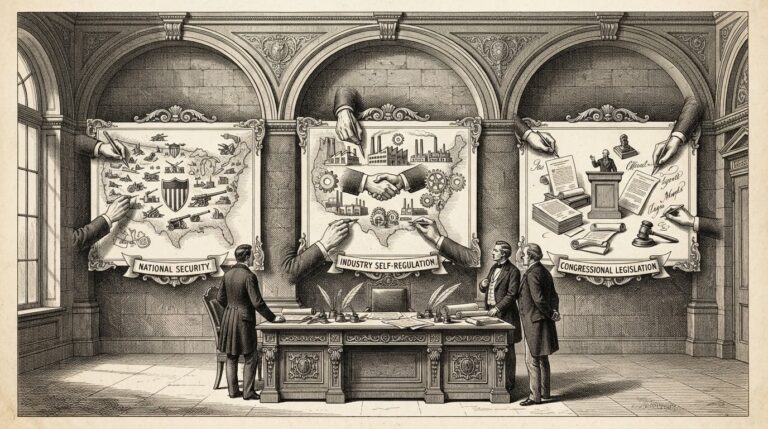 A central command desk in a government hall with three large maps mounted on the wall behind it, each being drawn by different hands - one labeled national security, one industry self-regulation, one congressional legislation - three competing approaches to AI governance with no connecting corridors between them
