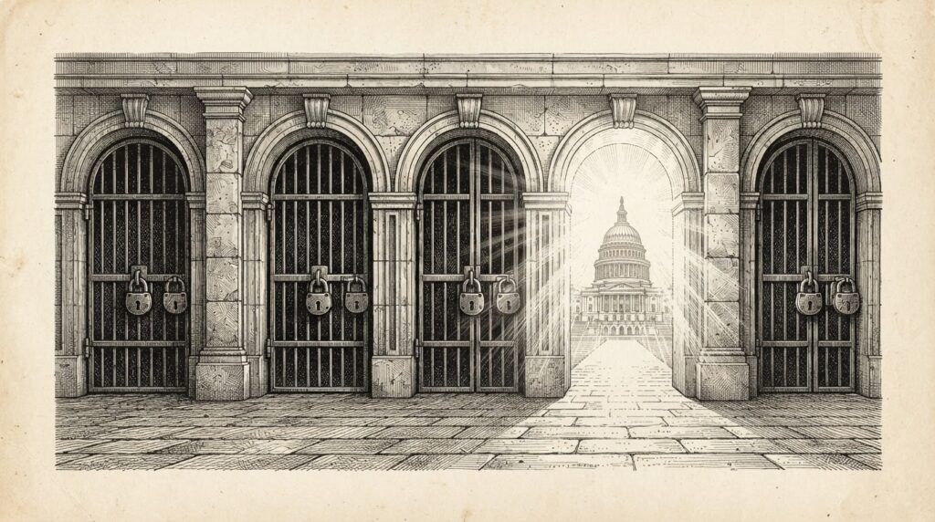 Engraving of a classical stone colonnade with five arched doorways, four sealed with iron bars and locks, and one open with light streaming through toward a domed government building in the distance