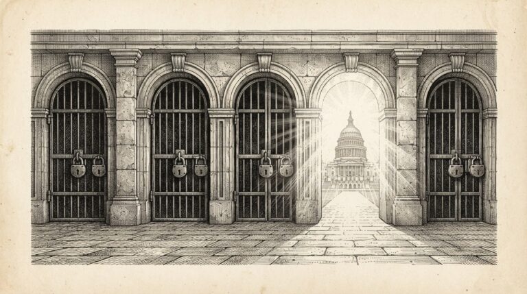 Engraving of a classical stone colonnade with five arched doorways, four sealed with iron bars and locks, and one open with light streaming through toward a domed government building in the distance