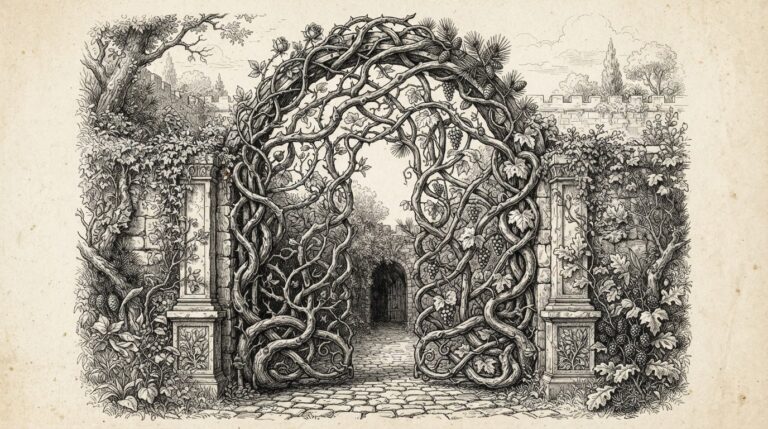 Twelve interlocking metal vines of different species growing together to form one imperfect ornamental gate - allegorical engraving representing twelve state approaches combining into one incomplete national compliance standard