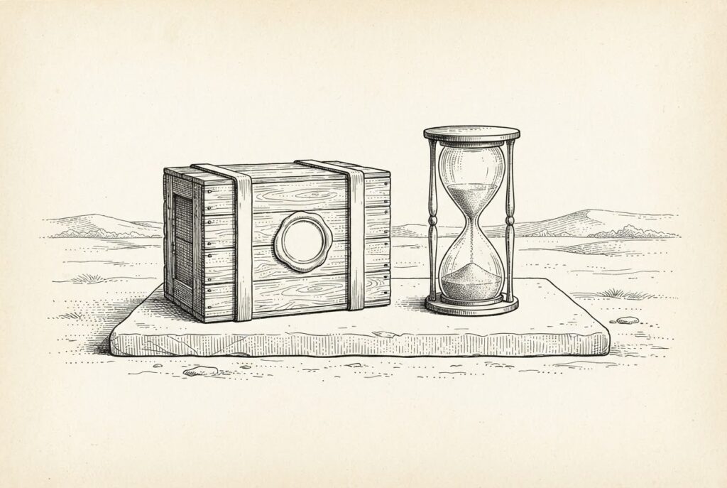 Engraved scene of a wax-sealed wooden chest beside a nearly run-out hourglass on a single blank stone slab in an open landscape: a promise without terms next to a clock that is not quite a deadline.