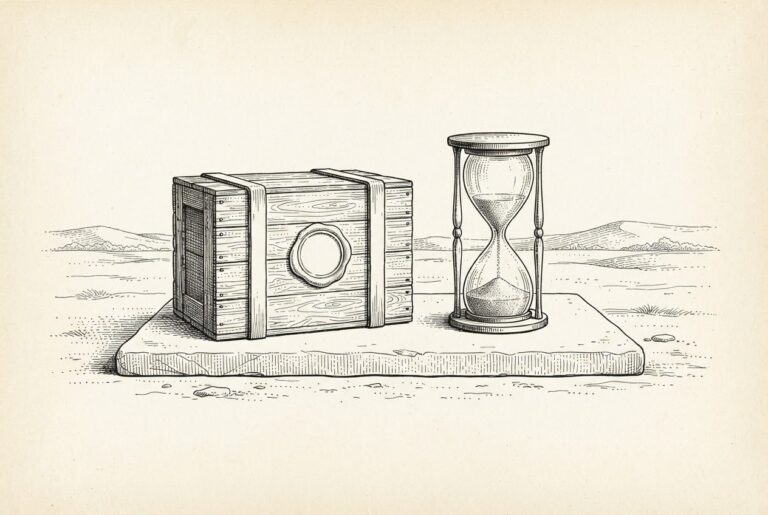Engraved scene of a wax-sealed wooden chest beside a nearly run-out hourglass on a single blank stone slab in an open landscape: a promise without terms next to a clock that is not quite a deadline.