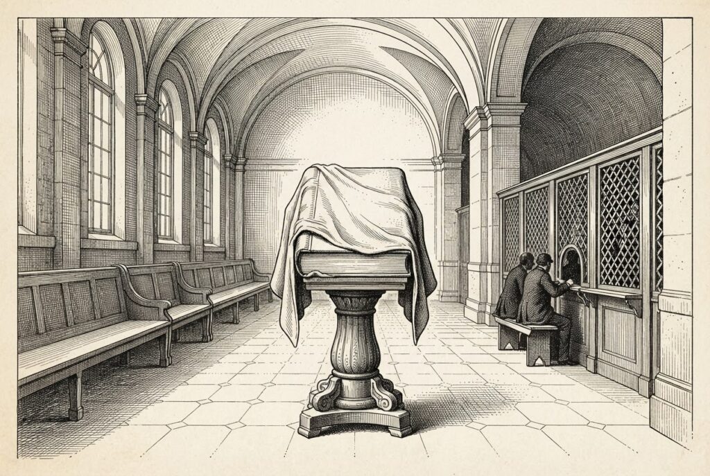 An engraved nineteenth-century exchange hall: empty public benches at the left, a small seated gathering behind a latticed screen at the right, and at center a large closed account book on a stand under a heavy draped cloth, hidden from view.