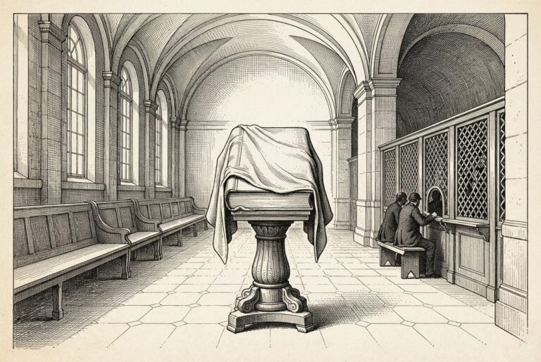 An engraved nineteenth-century exchange hall: empty public benches at the left, a small seated gathering behind a latticed screen at the right, and at center a large closed account book on a stand under a heavy draped cloth, hidden from view.