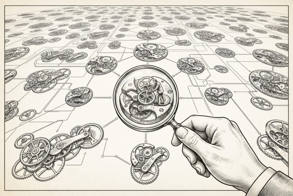 Conceptual pen-and-ink engraving on warm paper. A vast organizational network of small clockwork mechanisms, with a magnifying glass in the foreground enlarging one mechanism to show a tiny human figure adjusting a gear.