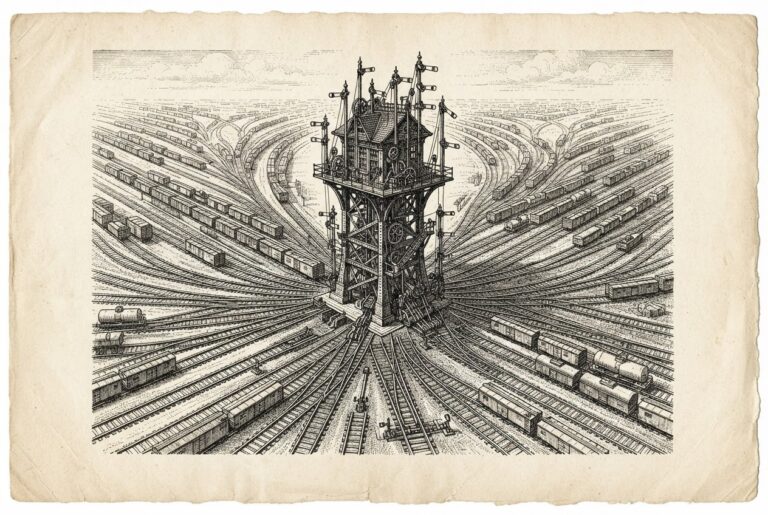 A pen-and-ink engraving of a vast rail yard with a central dispatch tower routing hundreds of freight cars across converging tracks - the governed gateway controlling autonomous agent traffic at industrial scale.