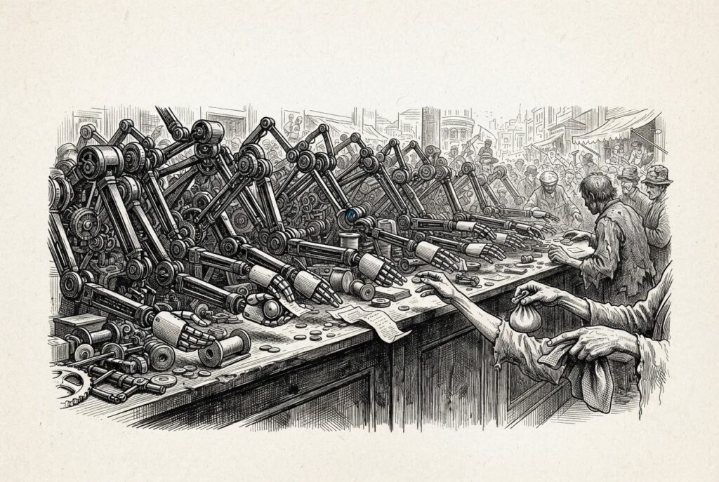 Monochrome pen-and-ink engraving of a row of mechanical arms and hands at a marketplace counter outnumbering the human hands, representing a high volume of automated transactions.