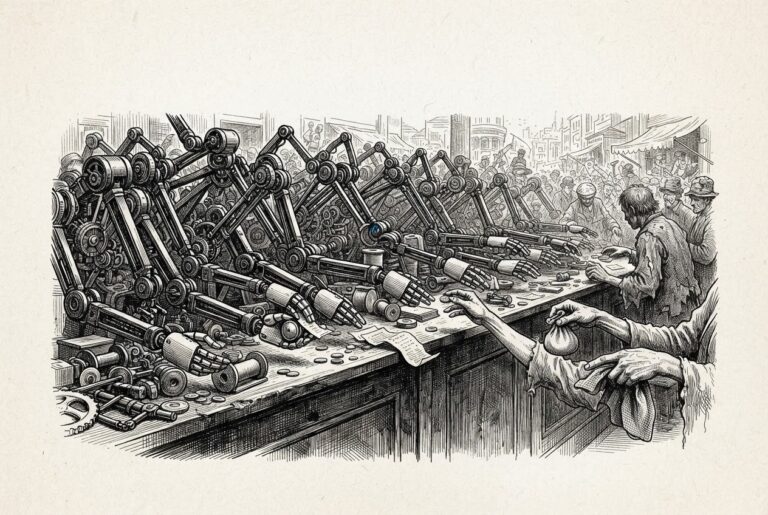 Monochrome pen-and-ink engraving of a row of mechanical arms and hands at a marketplace counter outnumbering the human hands, representing a high volume of automated transactions.