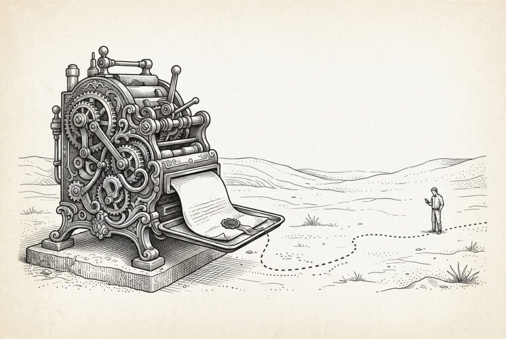 Monochrome pen-and-ink engraving of an ornate machine dispensing a wax-sealed work order onto a tray, with a dotted path leading across open ground to a tiny distant figure walking with a phone, symbolizing agents commissioning human physical labor.