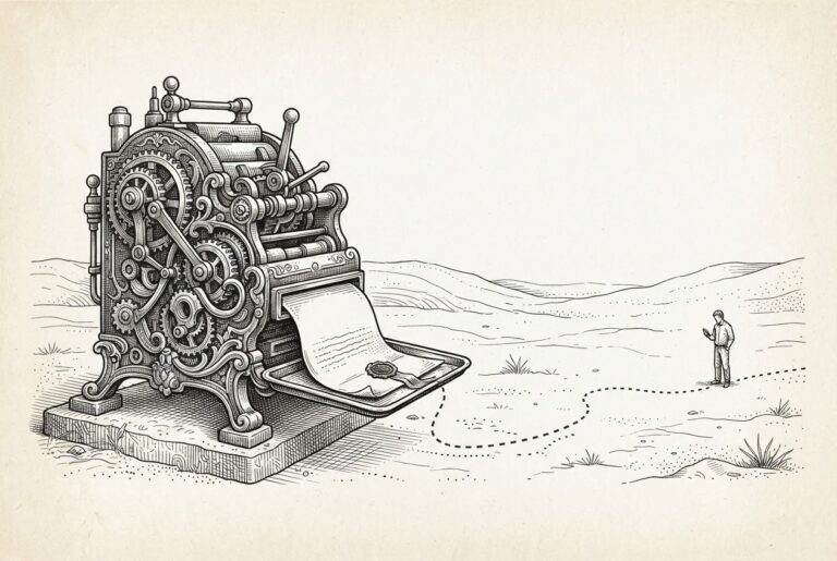 Monochrome pen-and-ink engraving of an ornate machine dispensing a wax-sealed work order onto a tray, with a dotted path leading across open ground to a tiny distant figure walking with a phone, symbolizing agents commissioning human physical labor.