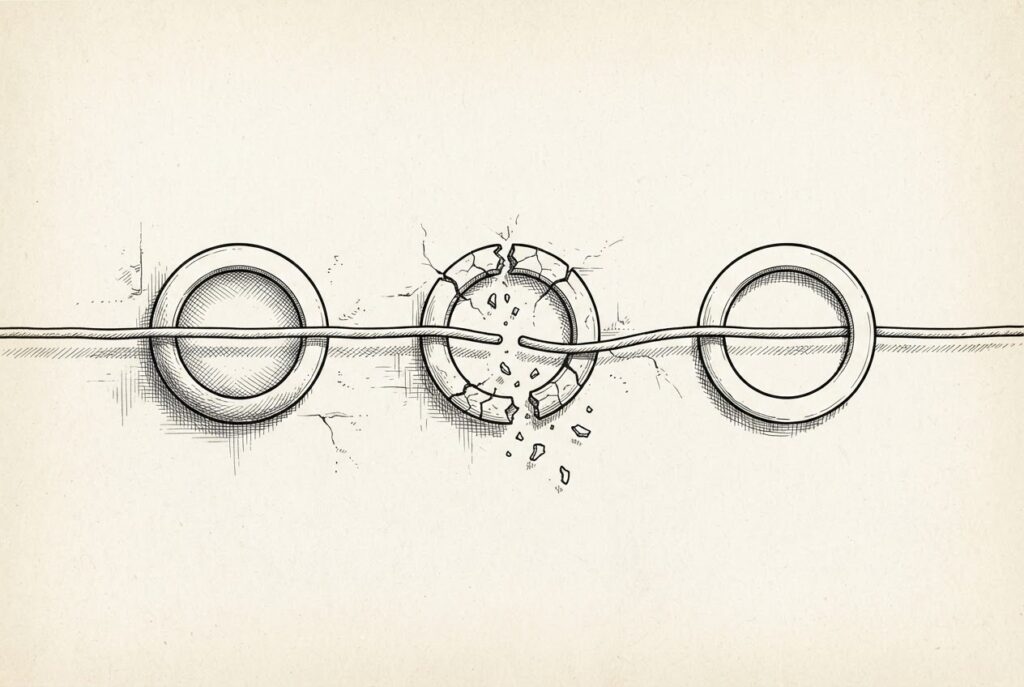 A single continuous thread running through three circular rings mounted on a wall, the middle ring cracked and fractured with pieces falling away, but the thread itself unbroken - durable agent state persisting through function failures.