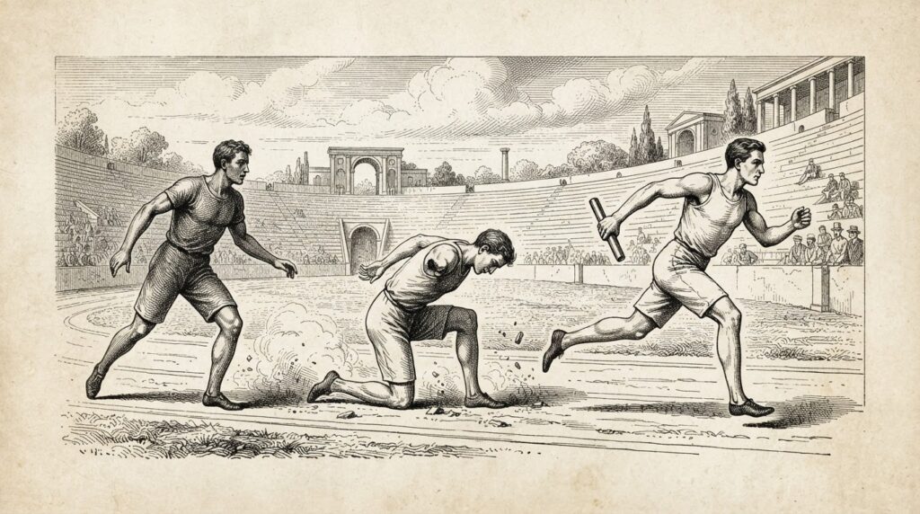 Three sequential relay runners cross a track; the middle runner has stumbled but the baton is already in the hand of the third runner who continues forward. Monochrome pen-and-ink engraving representing durable agent state persistence.