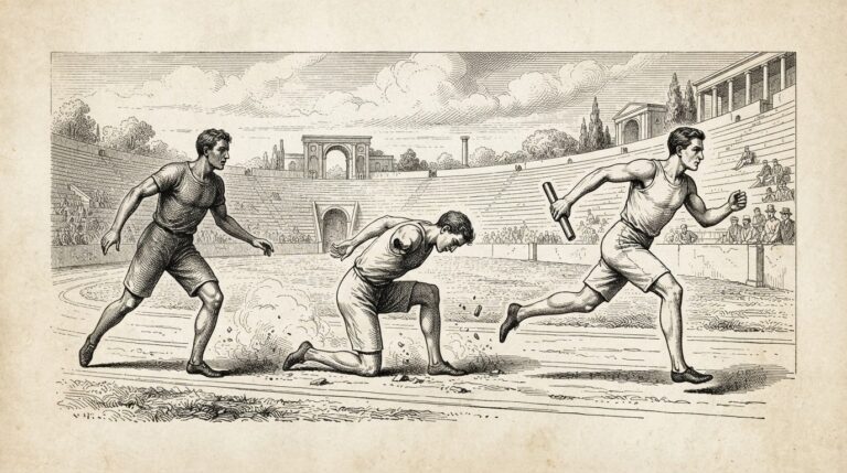 Three sequential relay runners cross a track; the middle runner has stumbled but the baton is already in the hand of the third runner who continues forward. Monochrome pen-and-ink engraving representing durable agent state persistence.