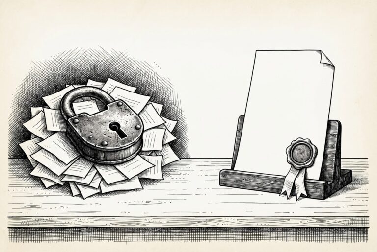 Monochrome pen-and-ink engraving of a tabletop still life - a heavy closed iron padlock clamped over a messy pile of loose unmarked paper slips on one side, and a single clean document standing upright in a wooden stand on the other, finished with a large wax seal and ribbon, with empty space around it.