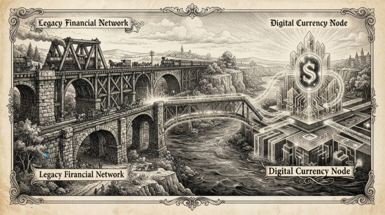 Monochrome engraving of a traditional payment network bridge with a new glowing conduit connecting to a digital currency node, representing the bridge between legacy finance and stablecoin rails