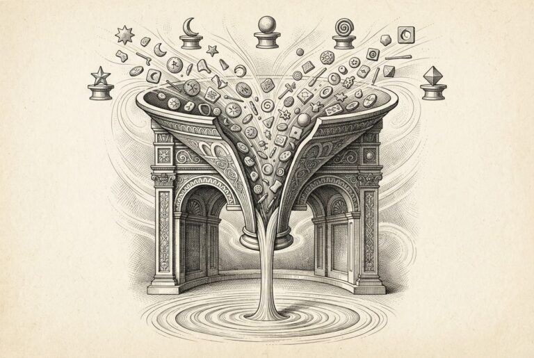 Monochrome pen-and-ink engraving of an ornate classical funnel with diverse coins and tokens pouring in from all directions and a single unified stream flowing out from the narrow neck, representing the conversion of fragmented crypto and stablecoin balances into unified purchasing power