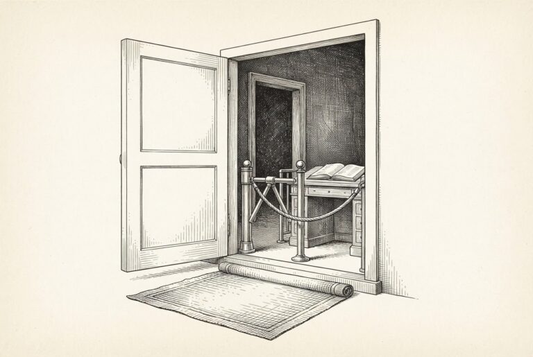 Engraving of a warehouse loading door swung wide with a rope-and-brass turnstile and a clerk's ledger desk blocking the threshold, a welcome mat rolled out in front of an entrance nobody can yet walk through.