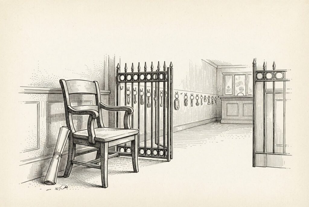 Ink engraving of a gatekeeper's empty wooden attendant's chair beside an open gate; household key rings hang from brass hooks and travel through the gate toward a distant unattended counter, and a rolled tied document leans against the vacant chair.