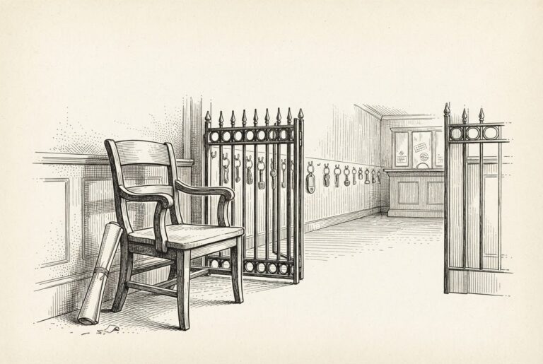 Ink engraving of a gatekeeper's empty wooden attendant's chair beside an open gate; household key rings hang from brass hooks and travel through the gate toward a distant unattended counter, and a rolled tied document leans against the vacant chair.