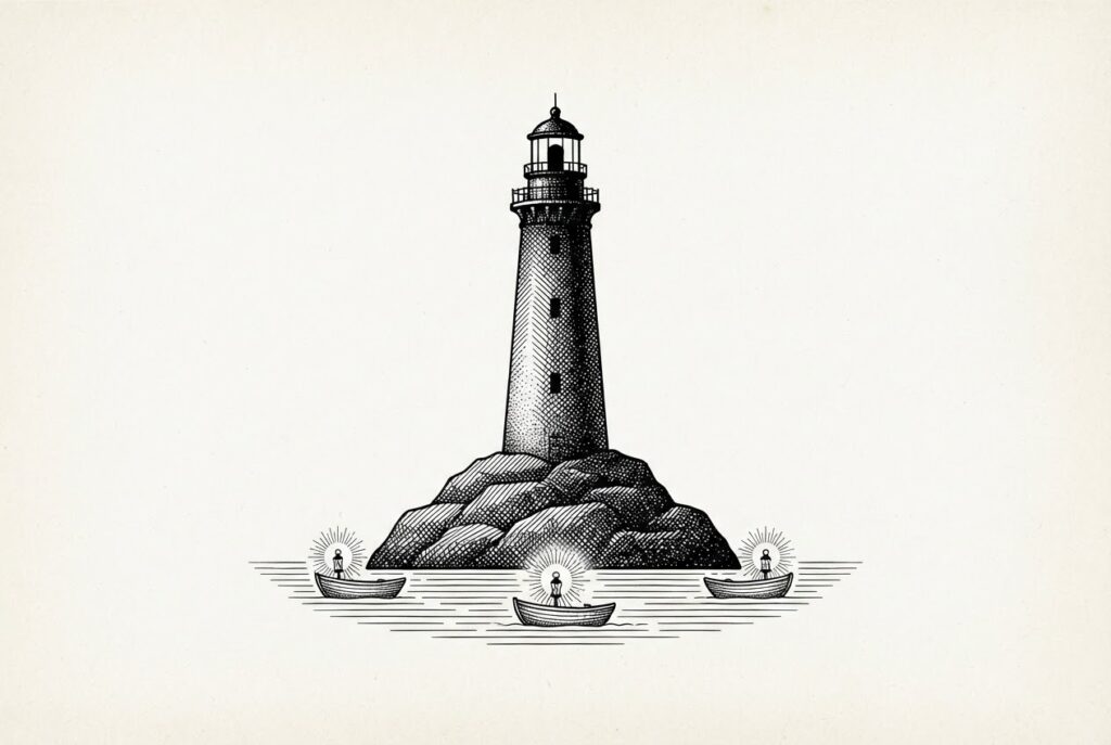 Engraved emblem of a massive 19th-century lighthouse with a dark, lightless lantern room rising from a bare rock; below, three tiny boats carry small lanterns of bare paper with radiating lines, already delivering their light.