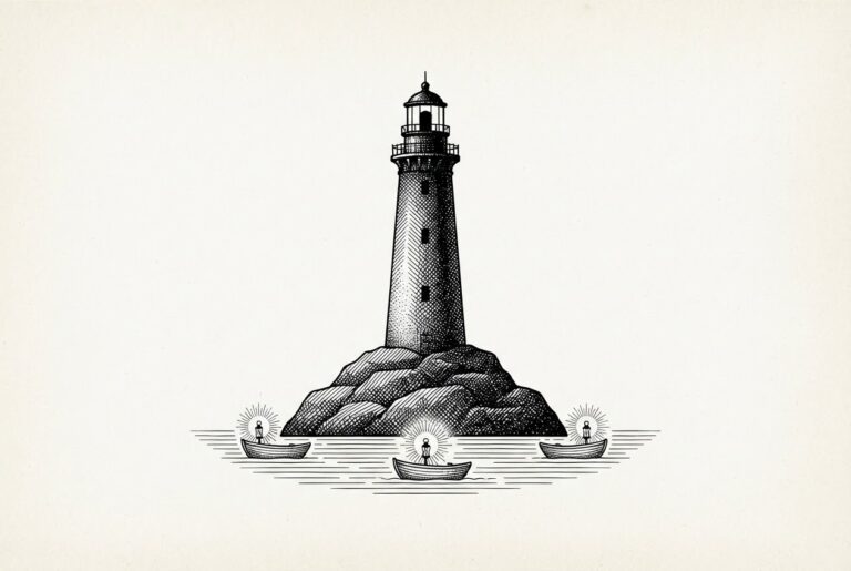 Engraved emblem of a massive 19th-century lighthouse with a dark, lightless lantern room rising from a bare rock; below, three tiny boats carry small lanterns of bare paper with radiating lines, already delivering their light.