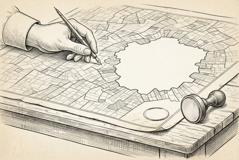 A cartographer's hand draws an ornate map dividing a landscape of small plots into dotted parcels, with a heavy certification stamp resting on the table and one region of the map left as blank parchment.