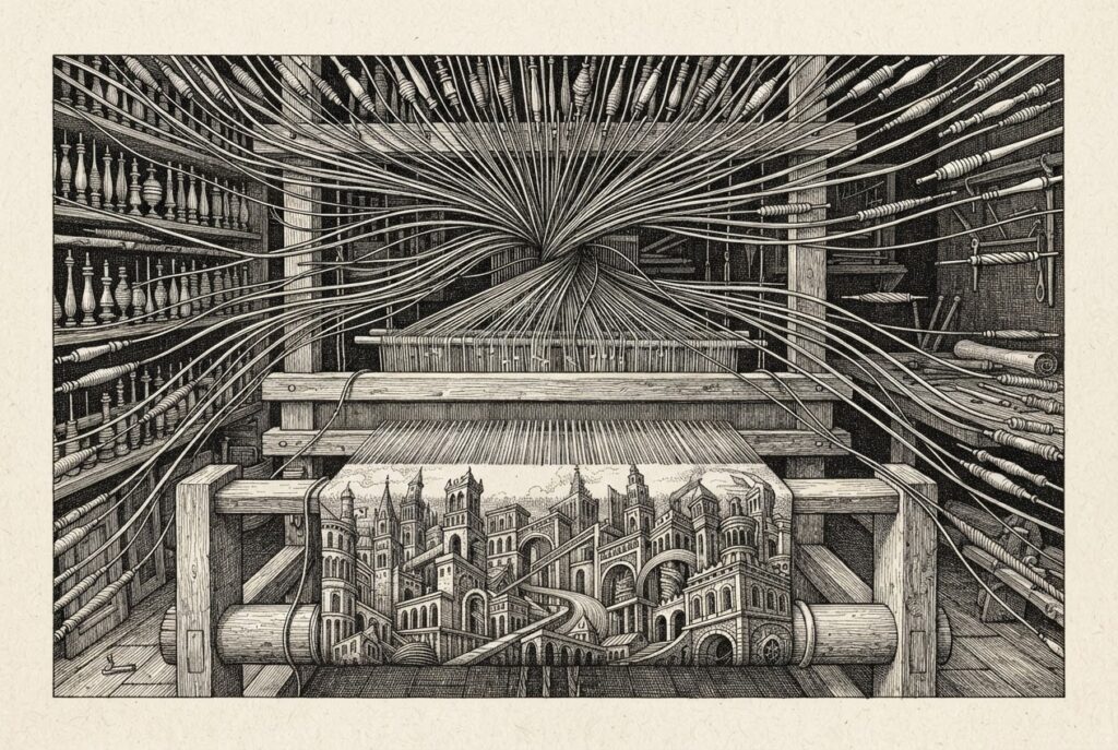 Multiple threads converging from many spindles into a single unified tapestry on a weaver's loom - representing the infrastructure convergence of agent workspaces
